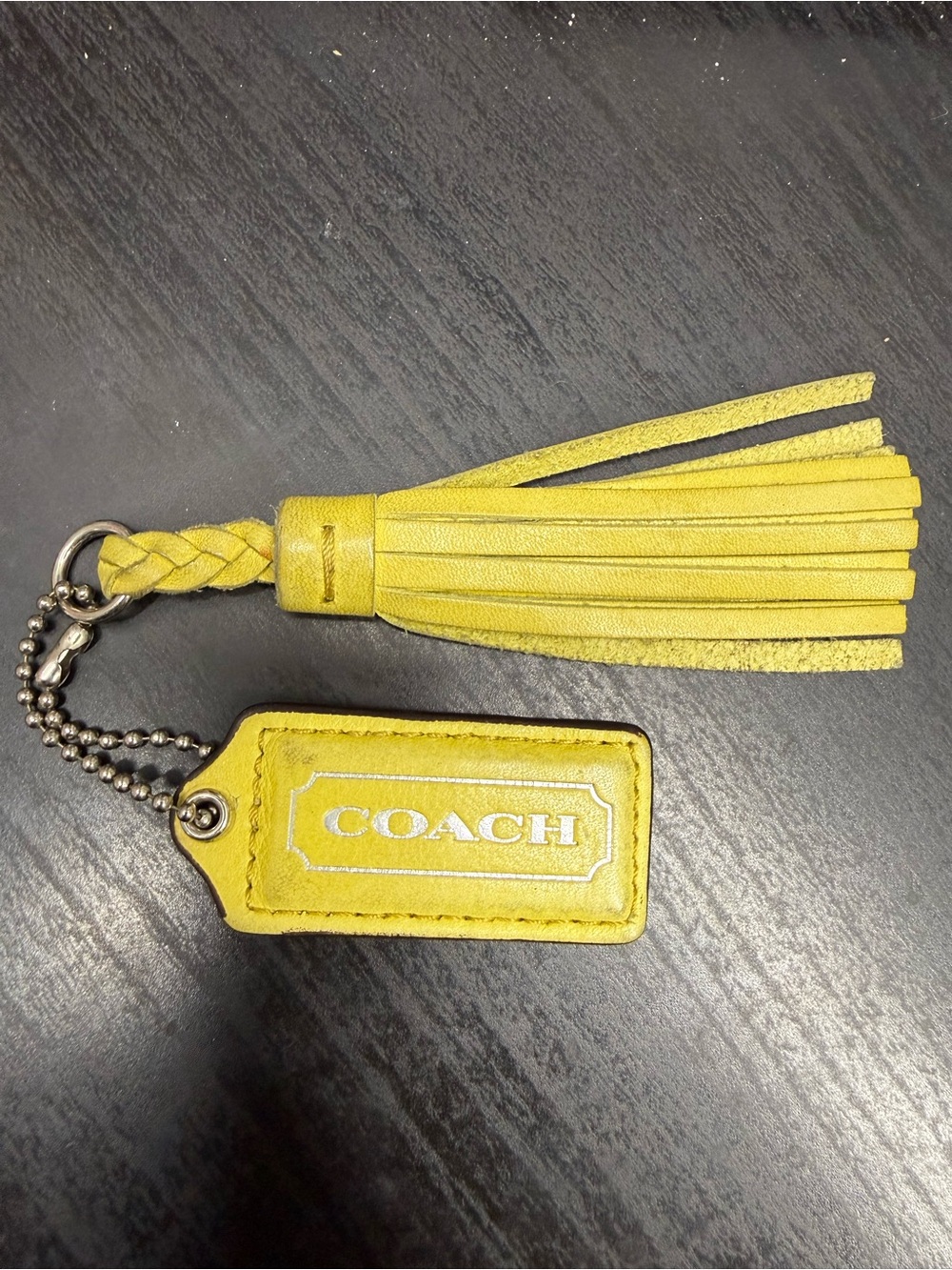 Coach Yellow Leather Hang Tag Silver Ball Chain w Tassel 2.25” Bag Charm Y2K